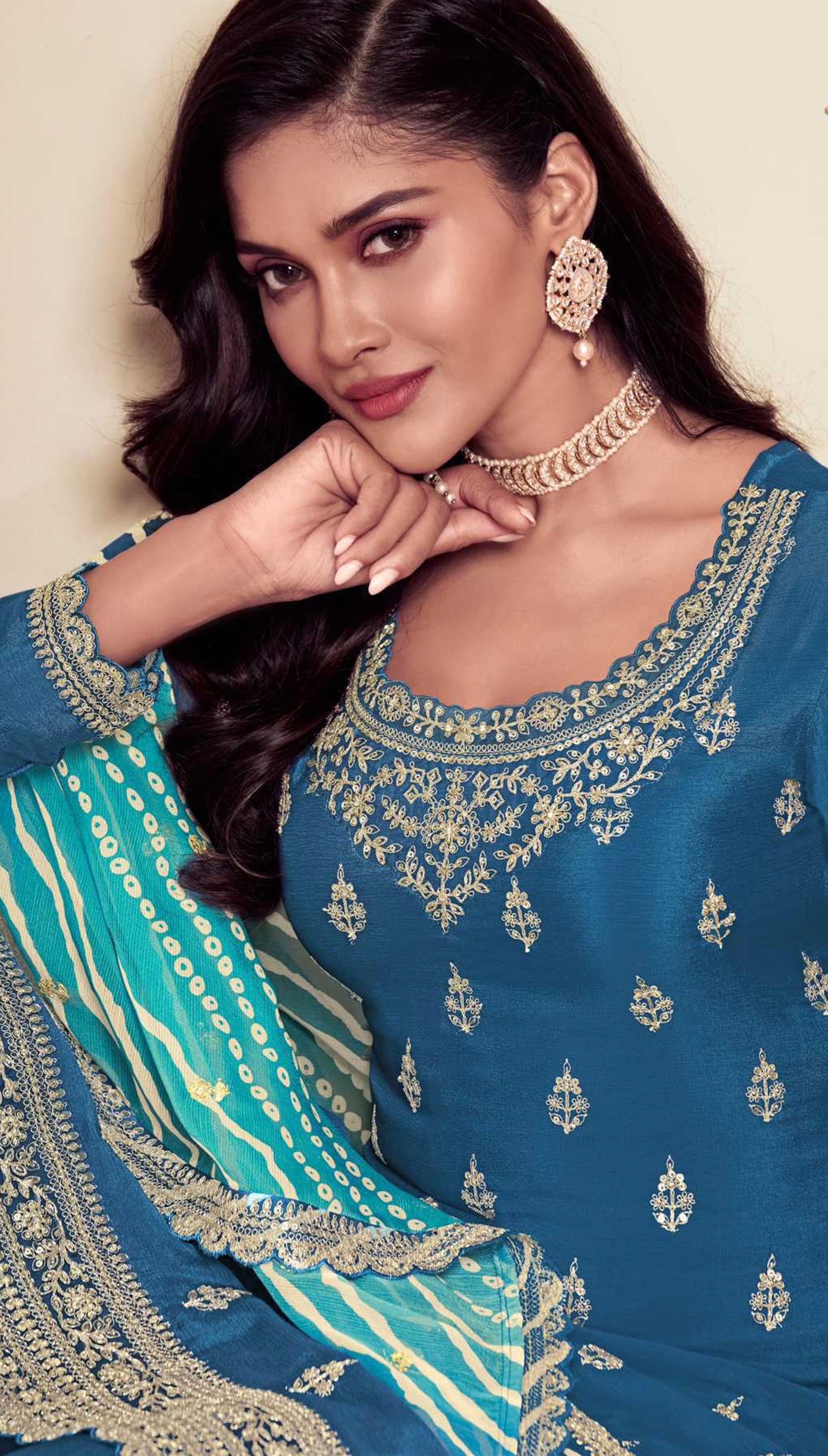 Aqua Blue Heavy Designer Suit With Heavy Embroidery Work