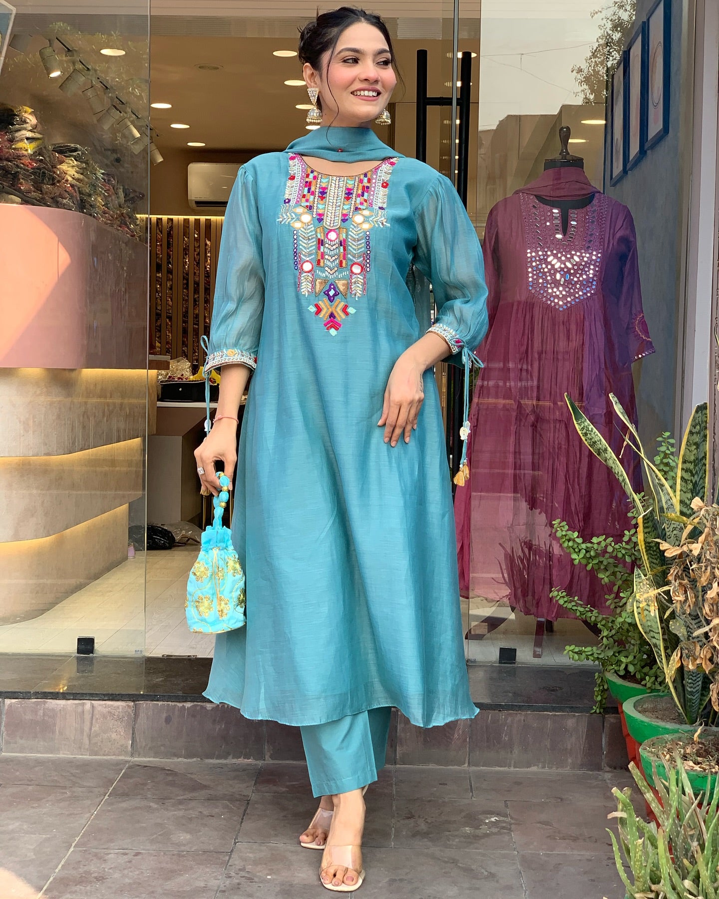 Aqua Blue Kurta Pant Set With Heavy Thread Embroidery Work