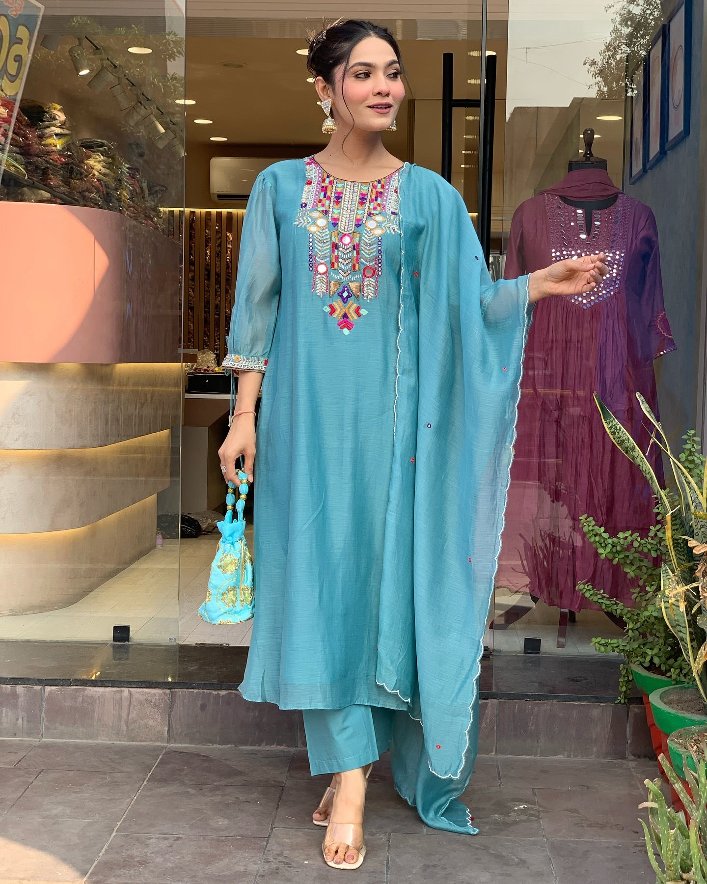 Aqua Blue Kurta Pant Set With Heavy Thread Embroidery Work