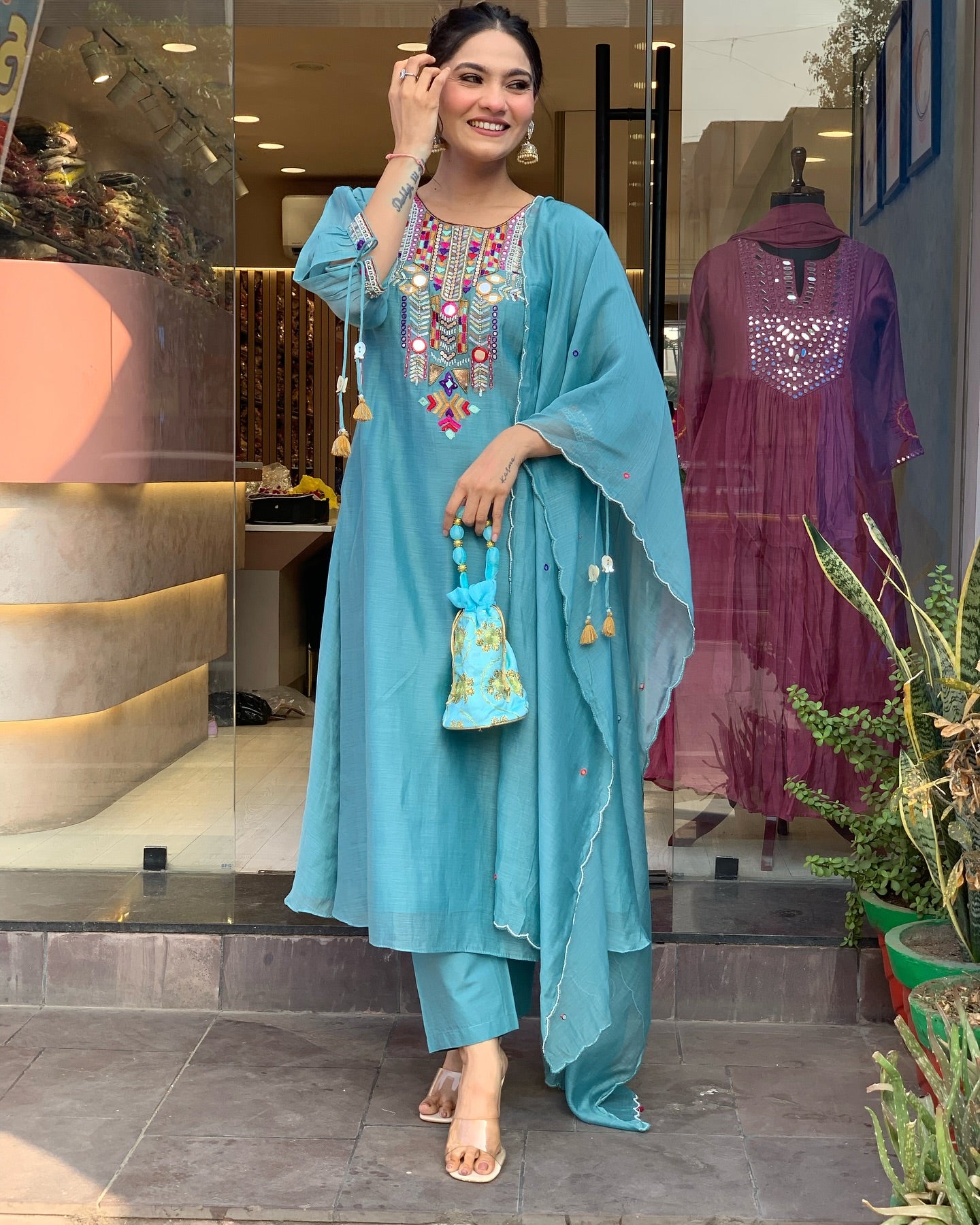 Aqua Blue Kurta Pant Set With Heavy Thread Embroidery Work