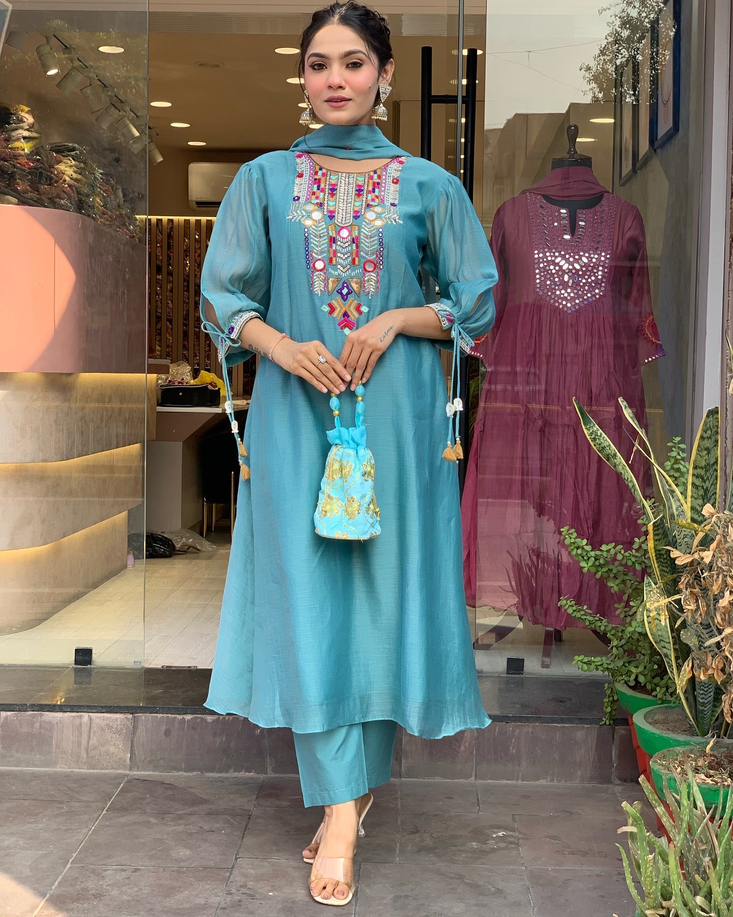 Aqua Blue Kurta Pant Set With Heavy Thread Embroidery Work