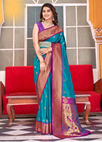 Aqua Blue Paithni Silk Saree with Jacquard Woven work