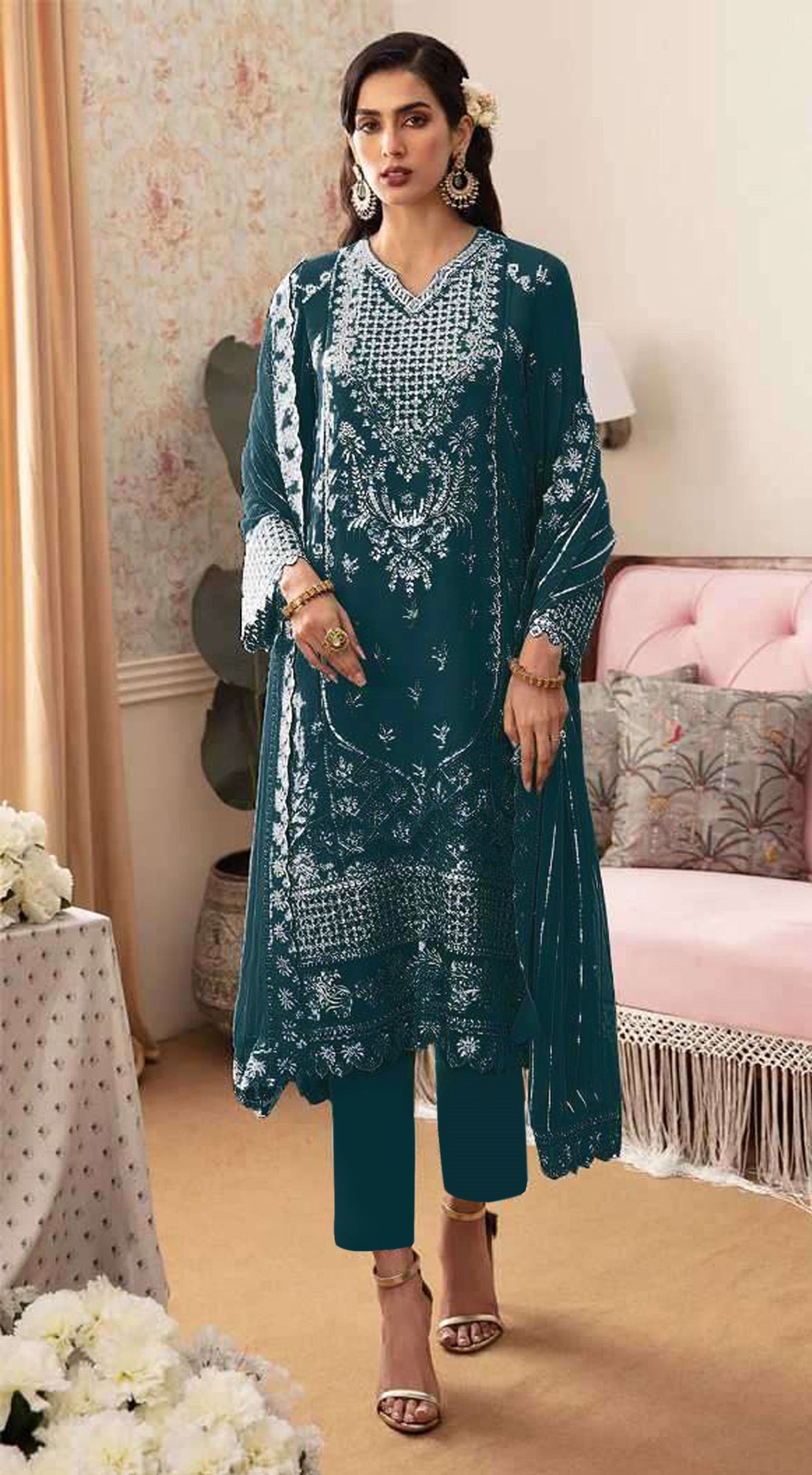 Aqua Blue Pakistani Salwar Suit With Heavy Embroidery Work