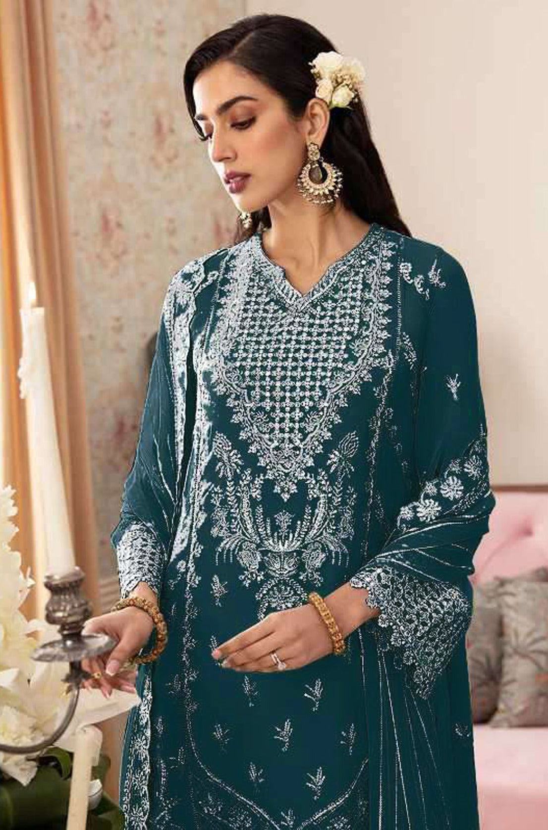 Aqua Blue Pakistani Salwar Suit With Heavy Embroidery Work
