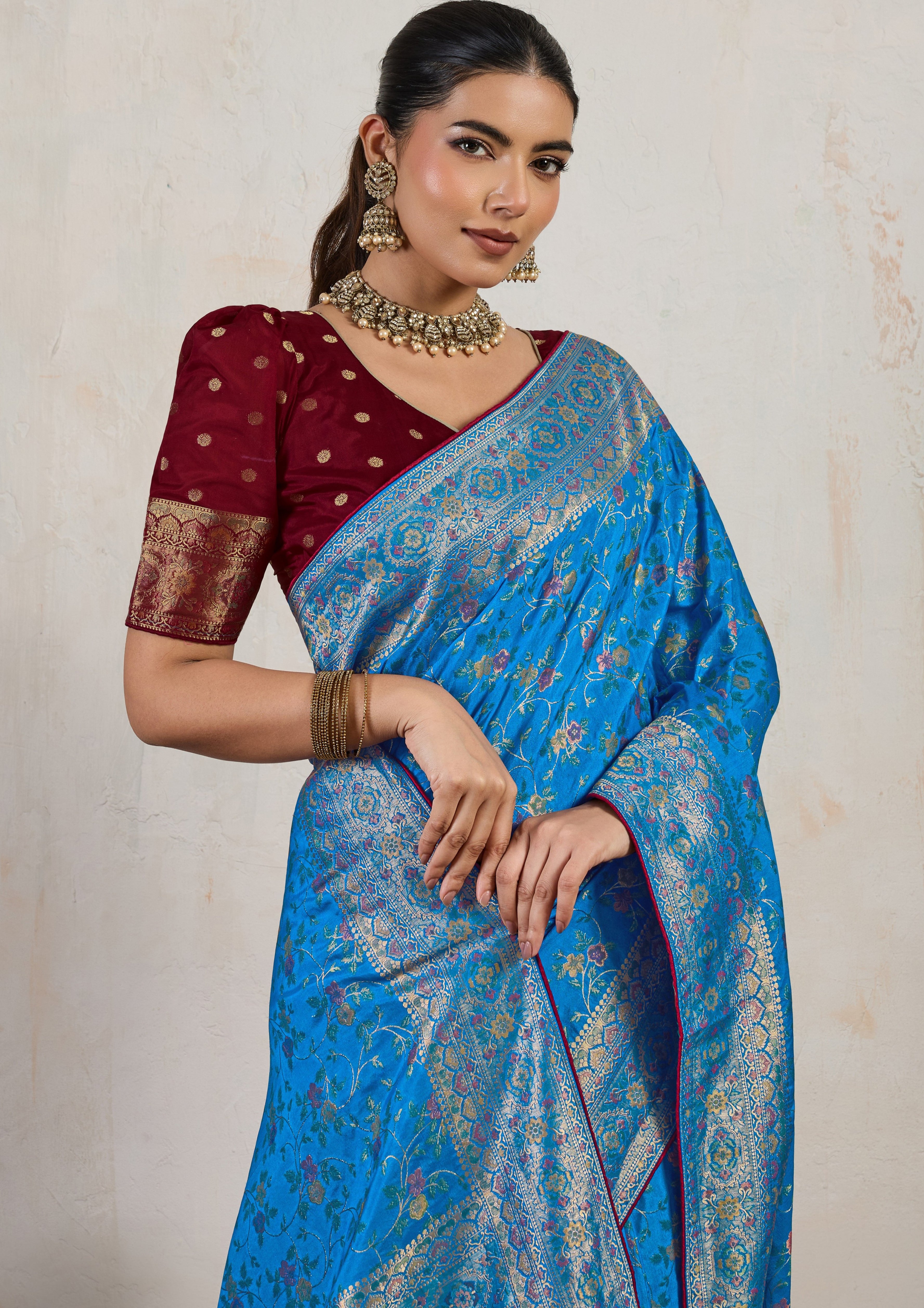 Aqua Blue Saree With  Meenakari with 3 Zari Shades & 8 Color Thread Shades, Creating a Masterpiece
