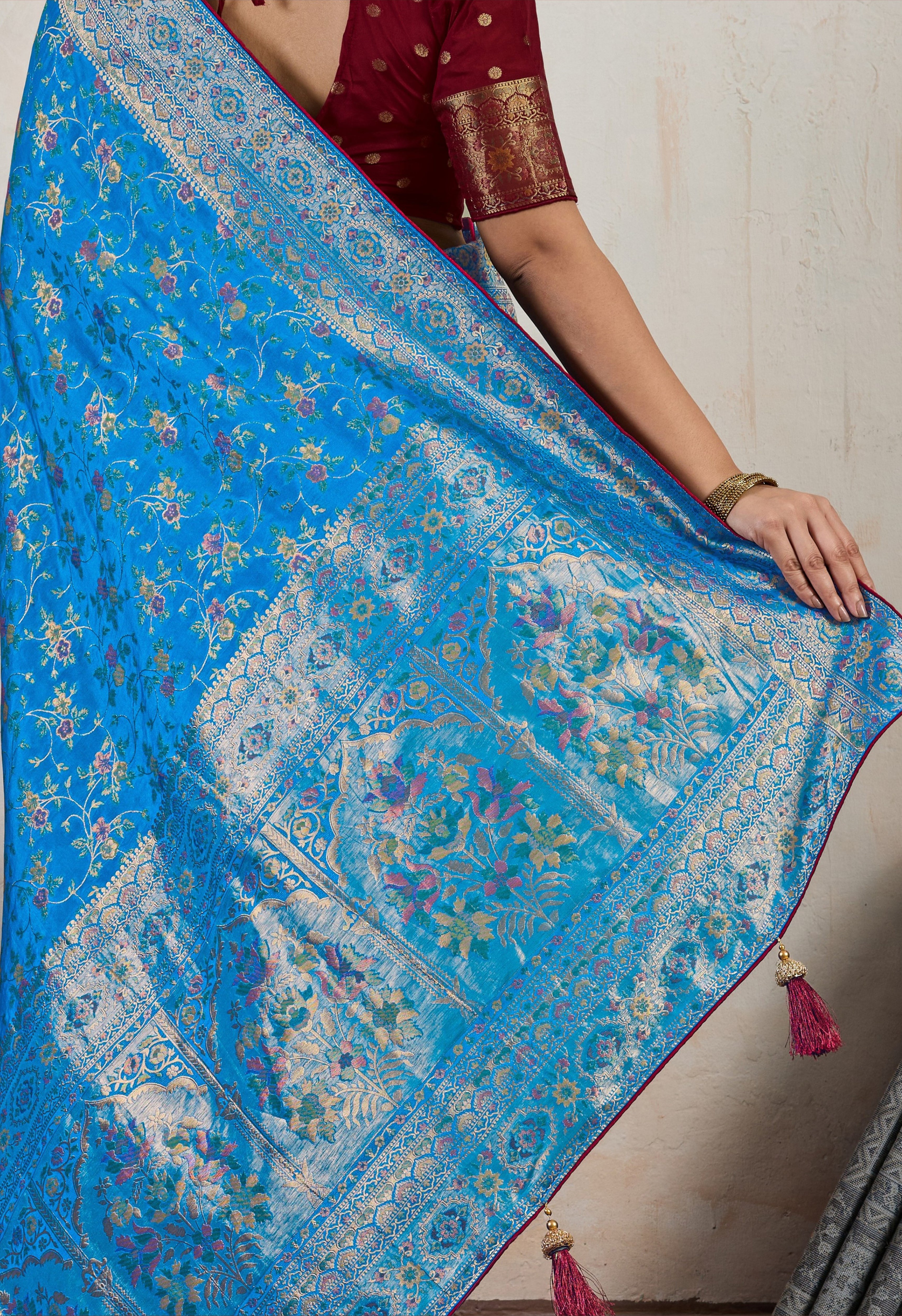 Aqua Blue Saree With  Meenakari with 3 Zari Shades & 8 Color Thread Shades, Creating a Masterpiece