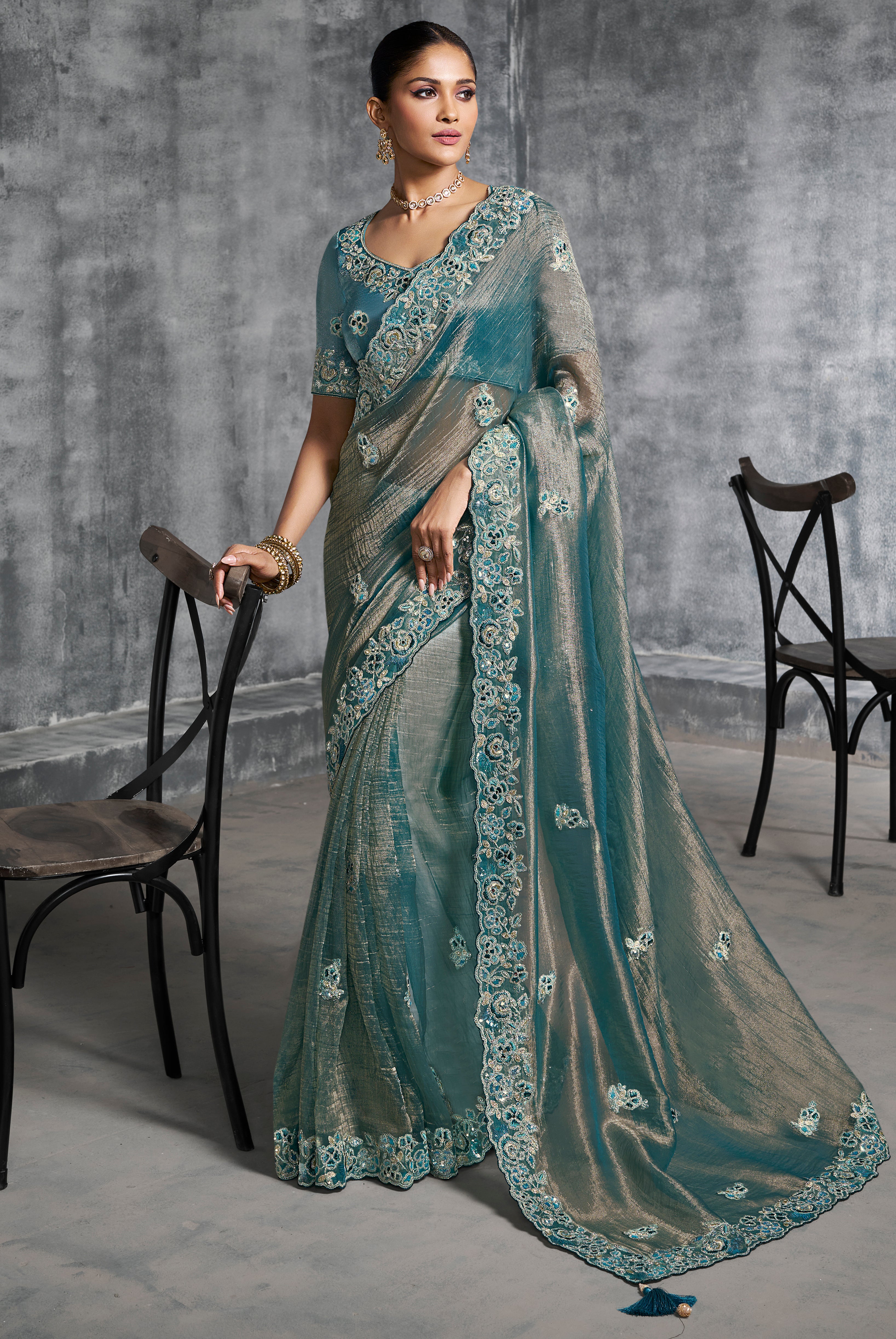 Aqua Blue Saree With  Thread Embroidery Work ,Hand-Finished Stone & Mirror work With Embroidery Blouse