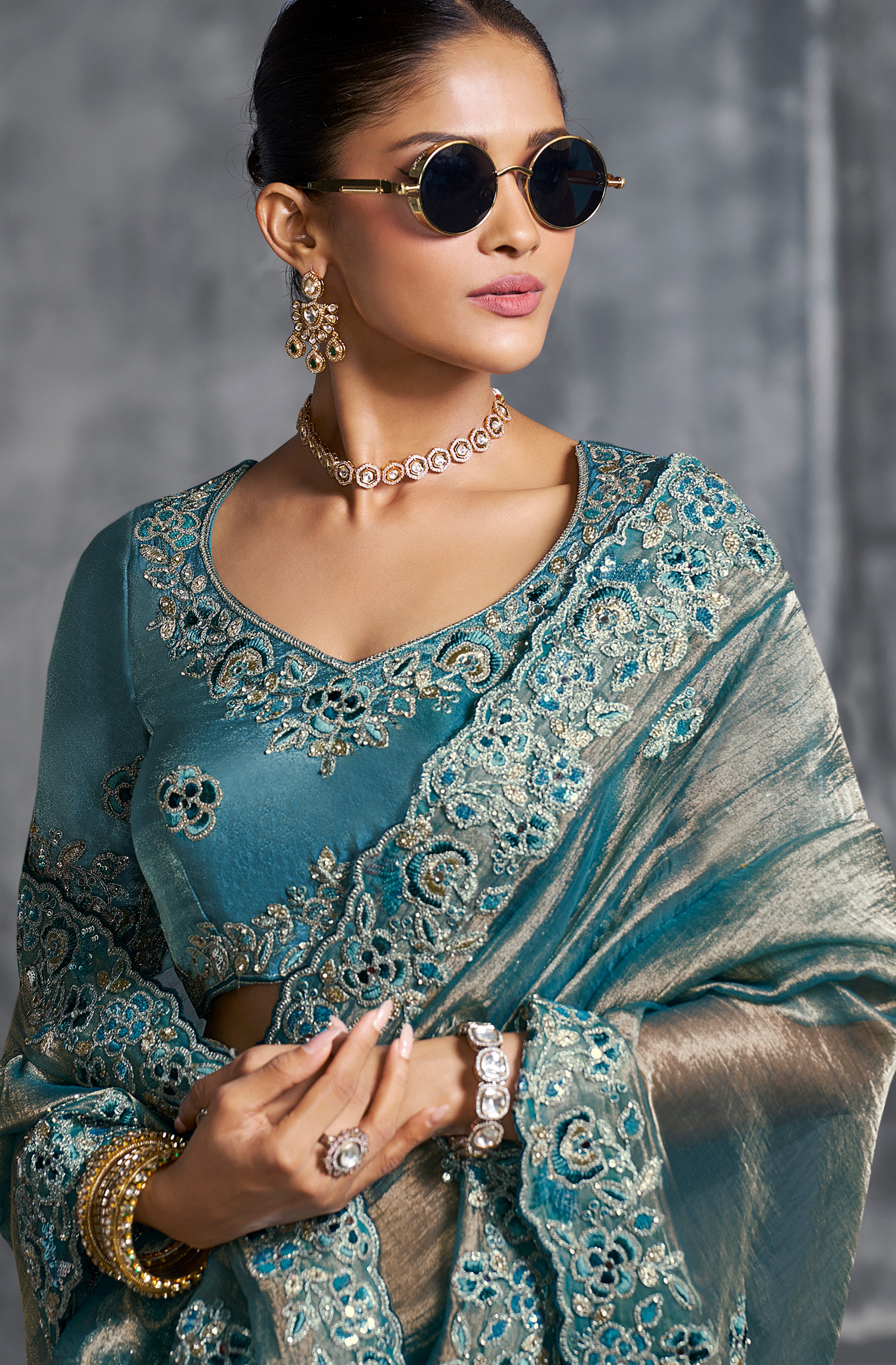 Aqua Blue Saree With  Thread Embroidery Work ,Hand-Finished Stone & Mirror work With Embroidery Blouse
