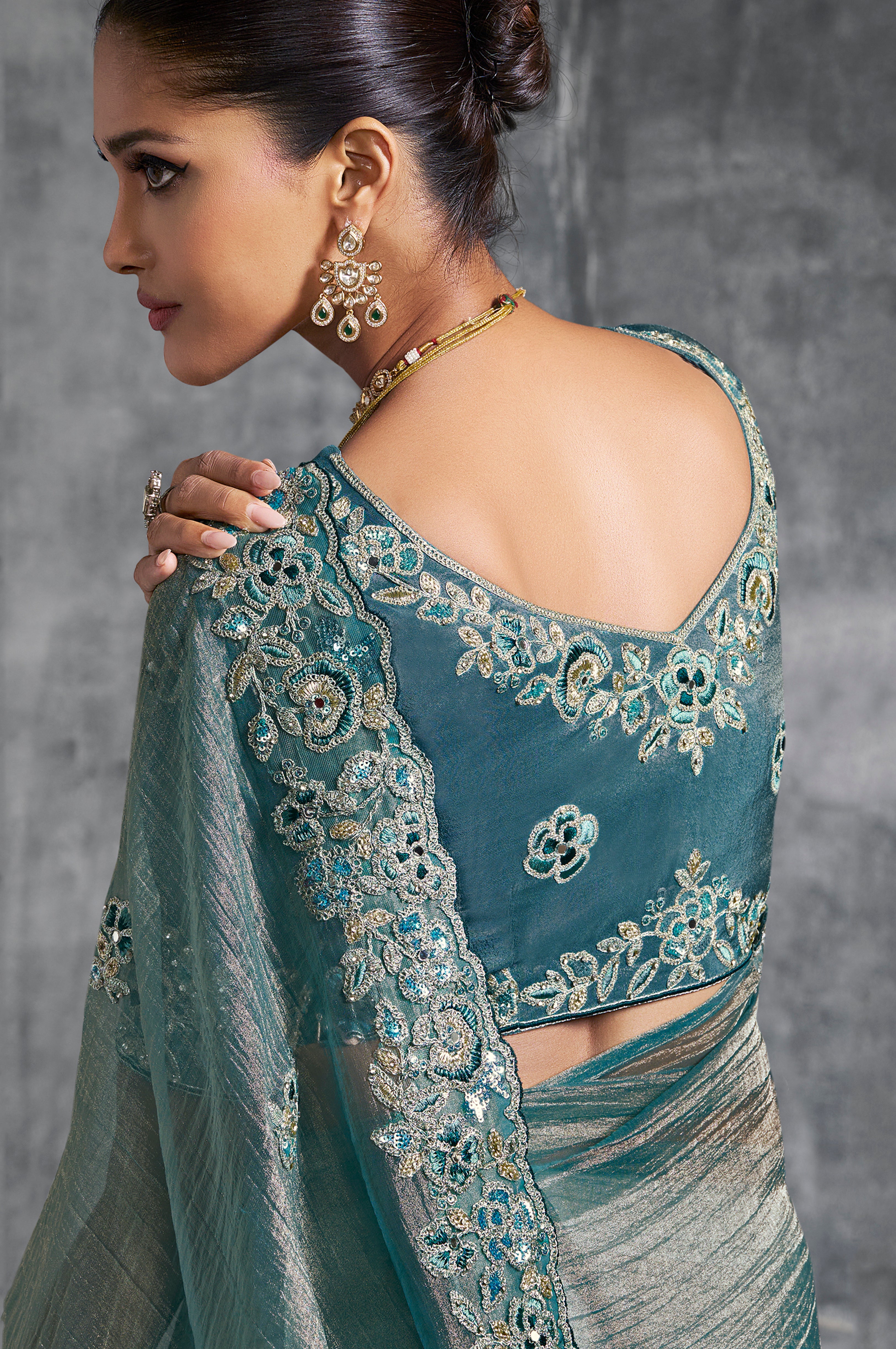 Aqua Blue Saree With  Thread Embroidery Work ,Hand-Finished Stone & Mirror work With Embroidery Blouse