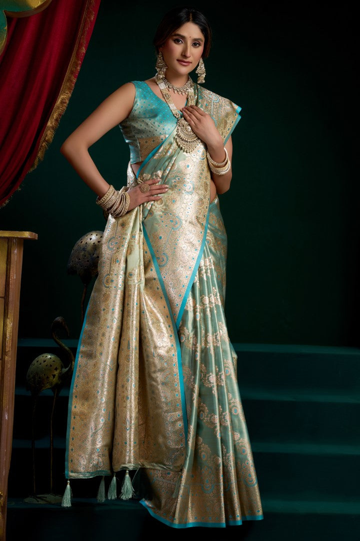 Aqua Blue Satin Silk Saree with Designer Jacquard Woven Finish