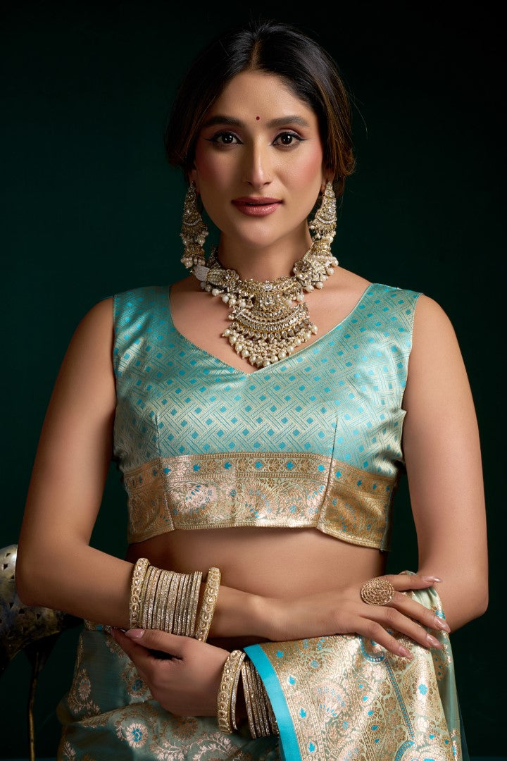 Aqua Blue Satin Silk Saree with Designer Jacquard Woven Finish