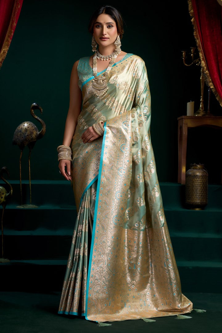 Aqua Blue Satin Silk Saree with Designer Jacquard Woven Finish