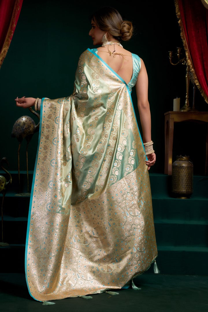Aqua Blue Satin Silk Saree with Designer Jacquard Woven Finish