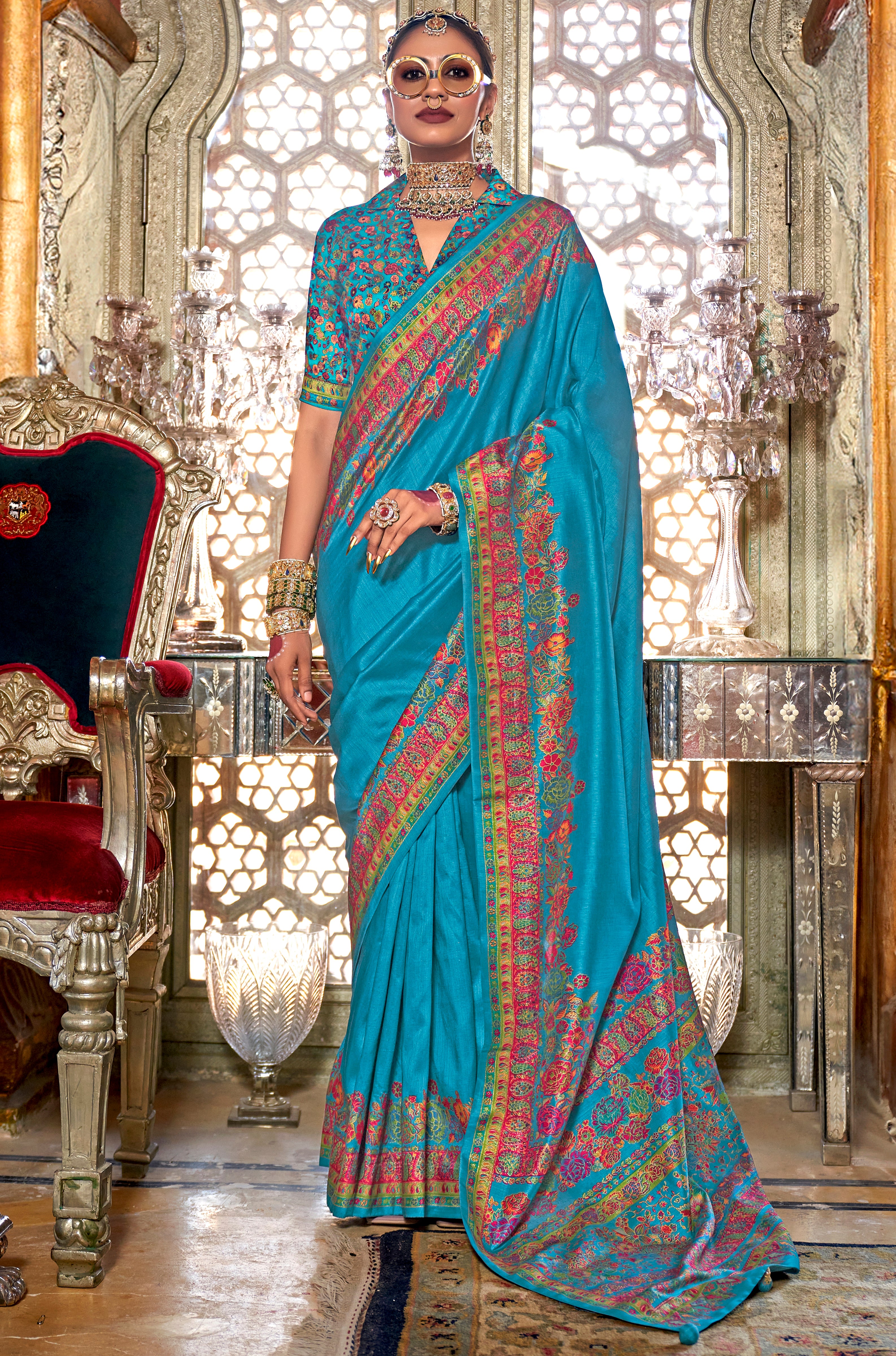 Aqua Blue Silk Saree With  Floral Print