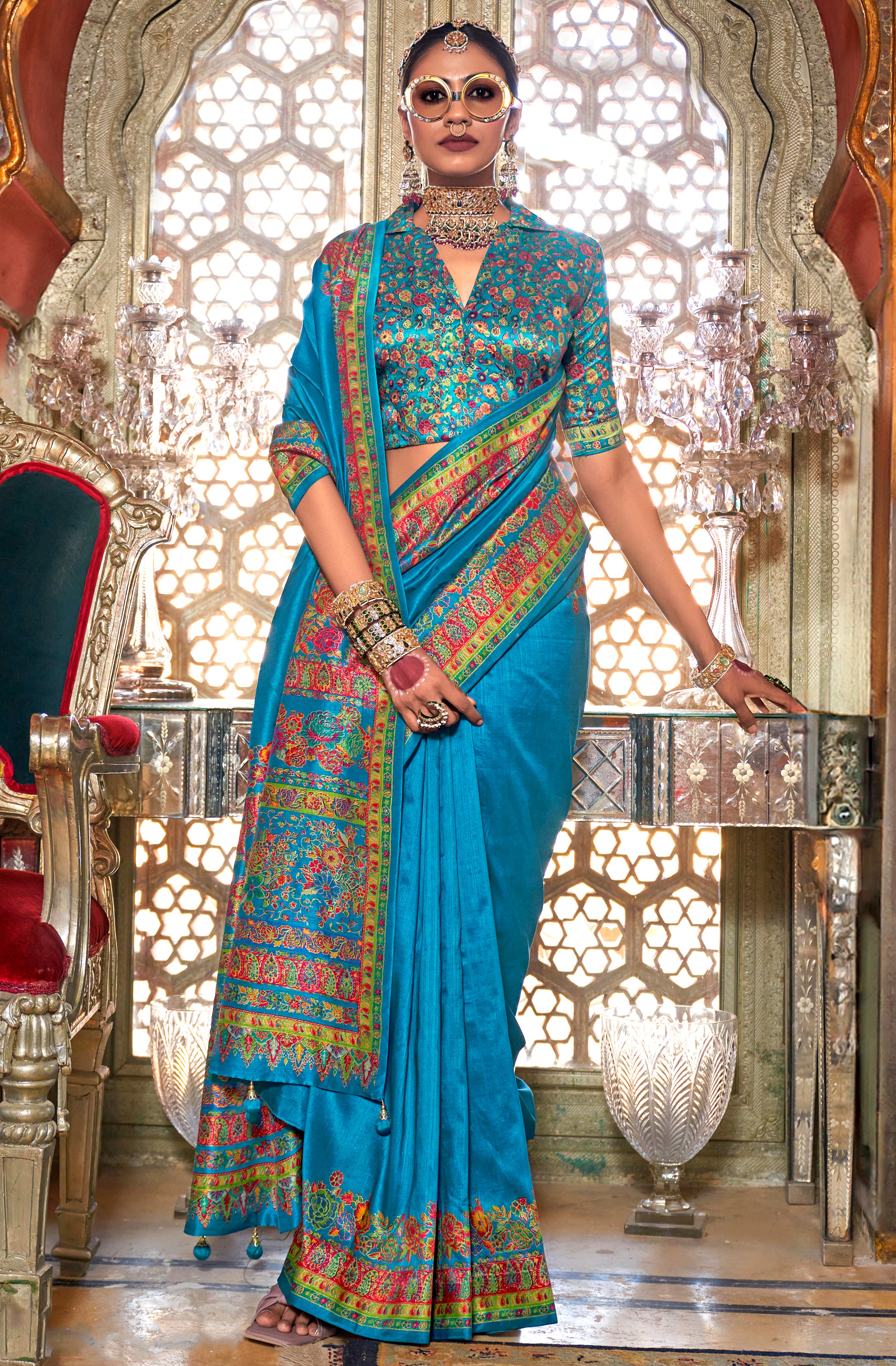 Aqua Blue Silk Saree With  Floral Print
