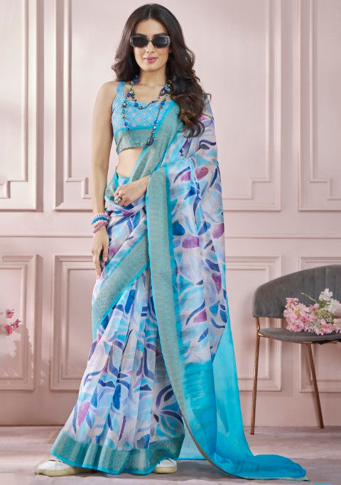 Aqua Blue Soft Silk Saree With  Printed