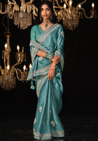 Aqua Blue Tissue Silk Saree With  Heavy Thread and Zari Embroidered Work