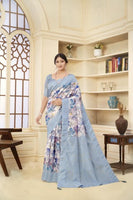 Aqua Blue Woven Jacquard Designer With Printed Rich Silk Stylish Ceremonial Saree