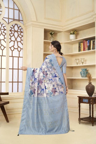 Aqua Blue Woven Jacquard Designer With Printed Rich Silk Stylish Ceremonial Saree