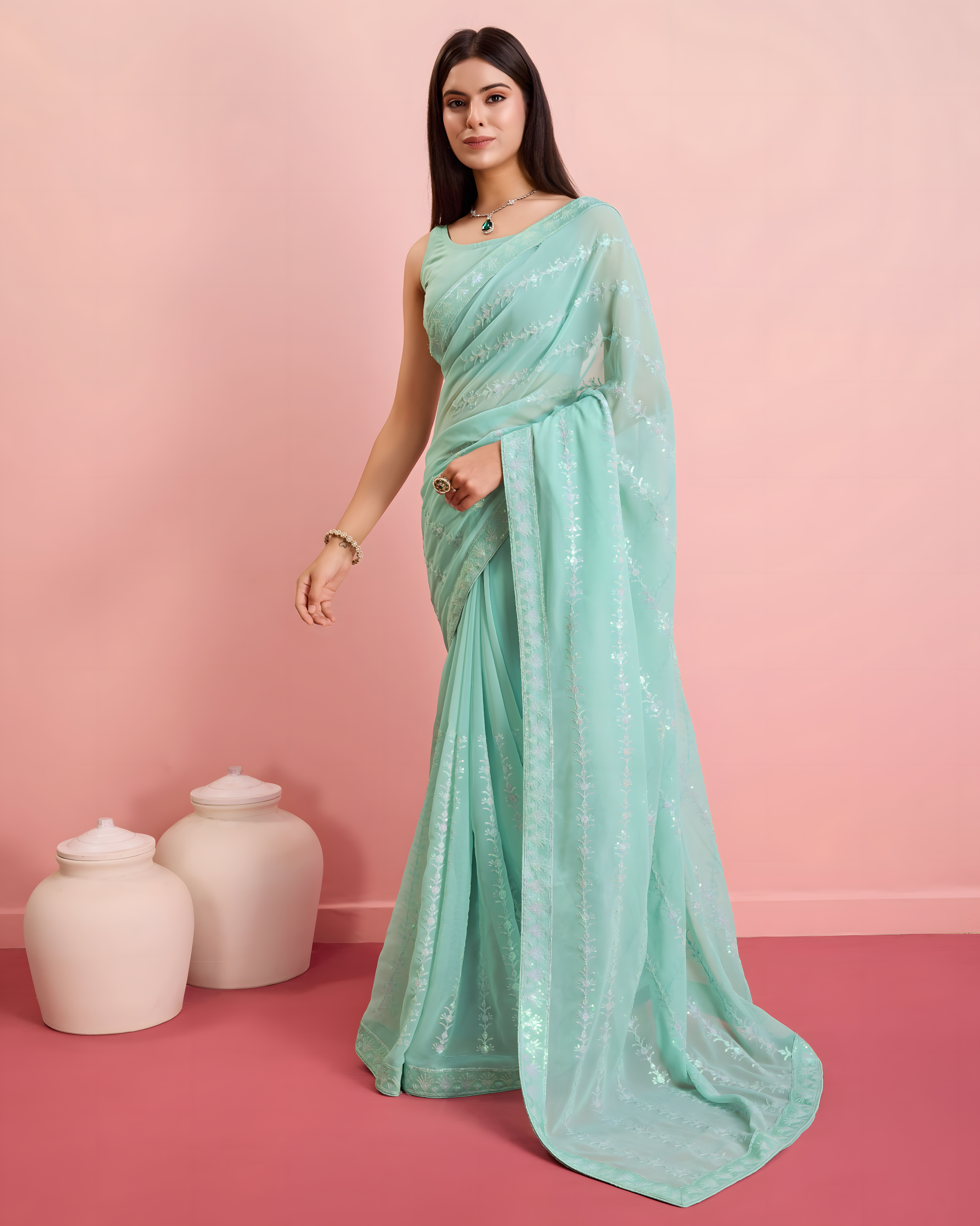 Aqua Georgette Saree with 3mm sequence with threads work  with lace border Work