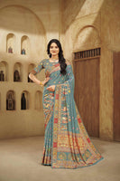 Aqua Green Designer Position Digital Foil Printed Crepe Silk Ethnic Festive Saree