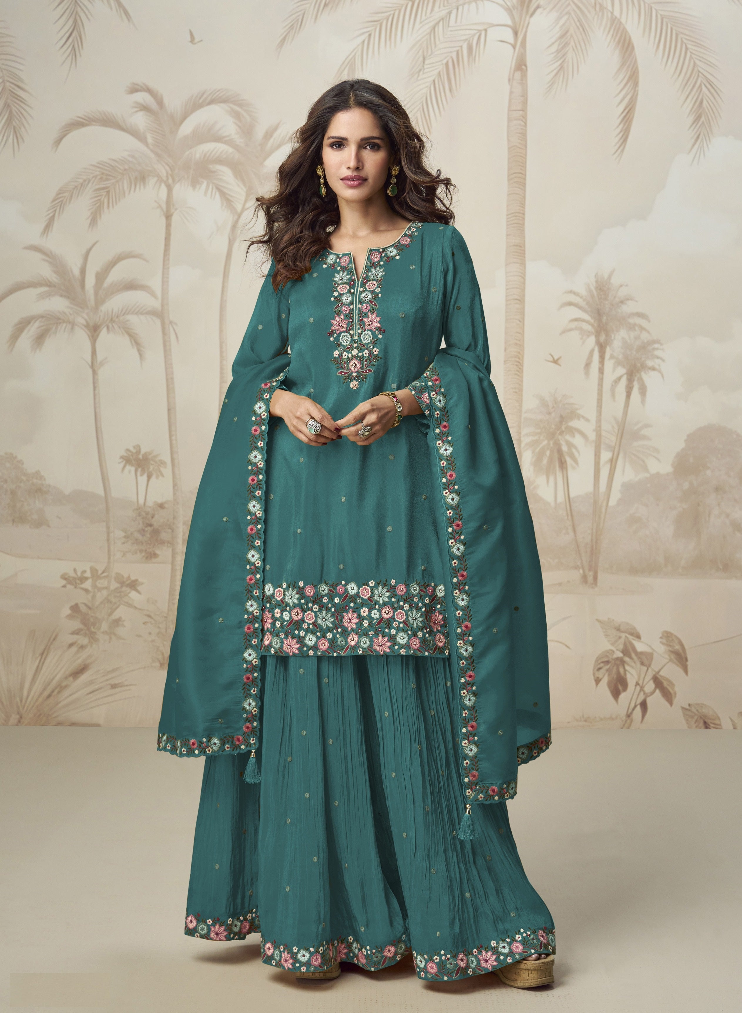 Aqua Green Heavy Designer Suit With Heavy Embroidery Work