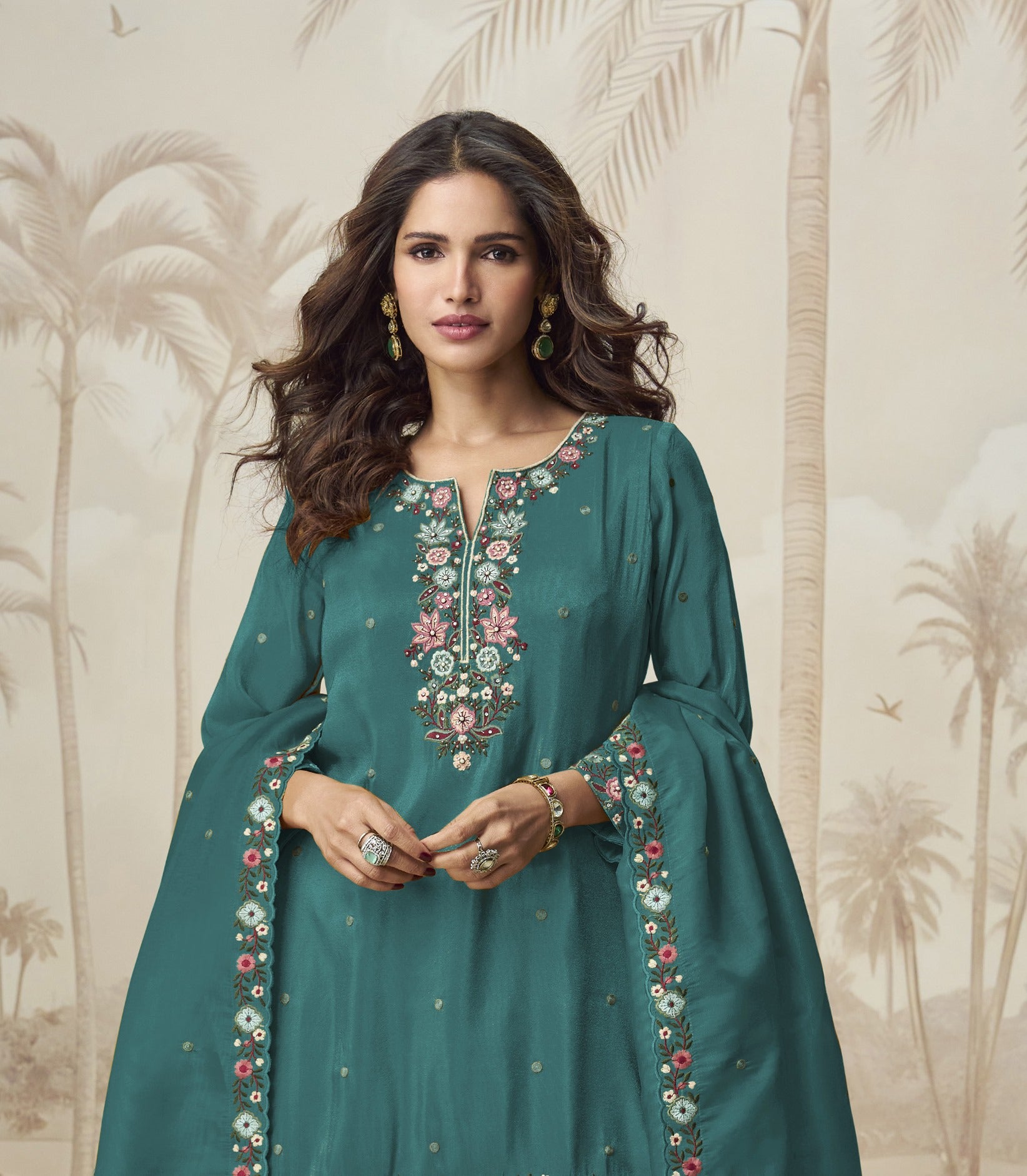 Aqua Green Heavy Designer Suit With Heavy Embroidery Work