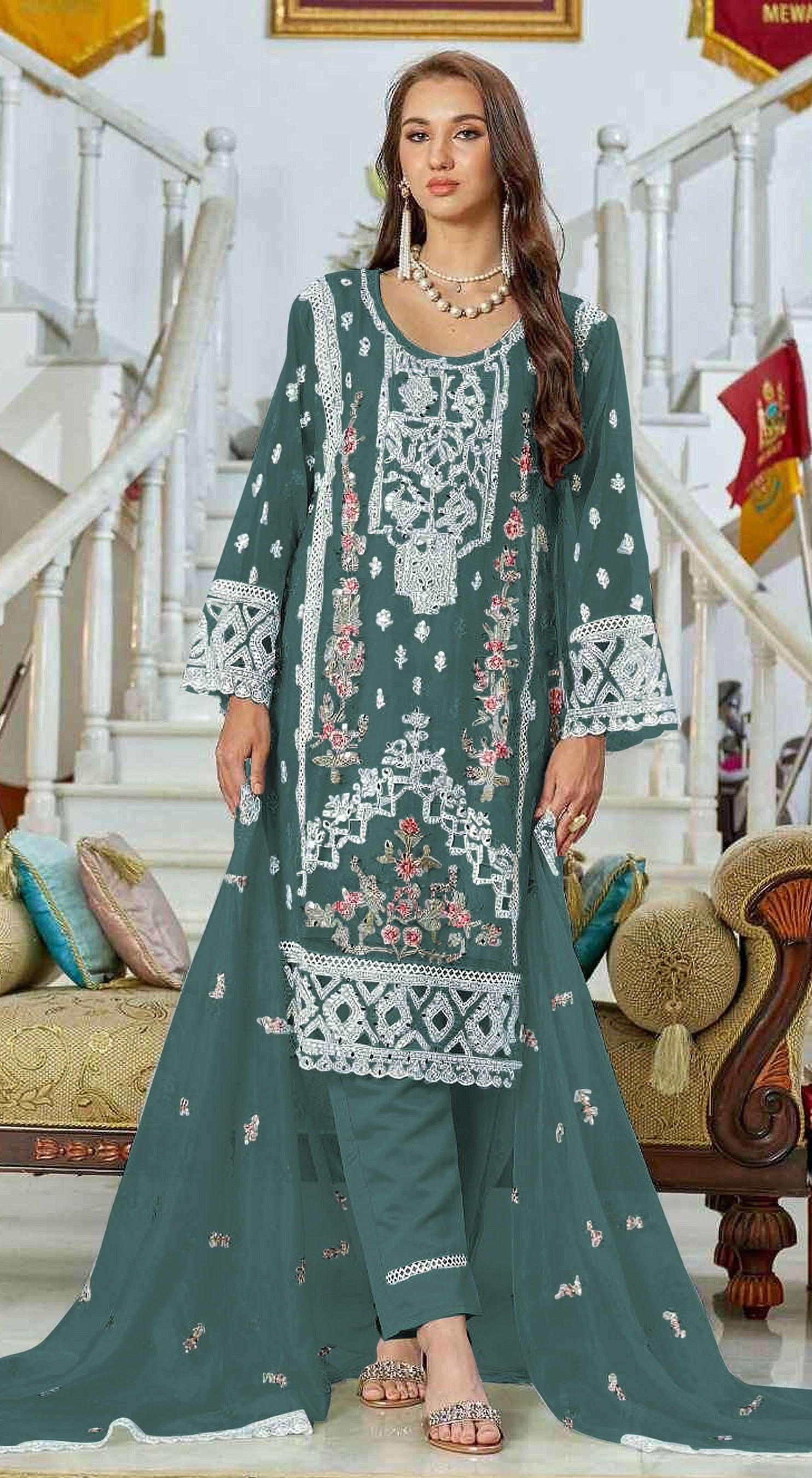 Aqua Green Pakistani Salwar Suit With Heavy Embroidery Work
