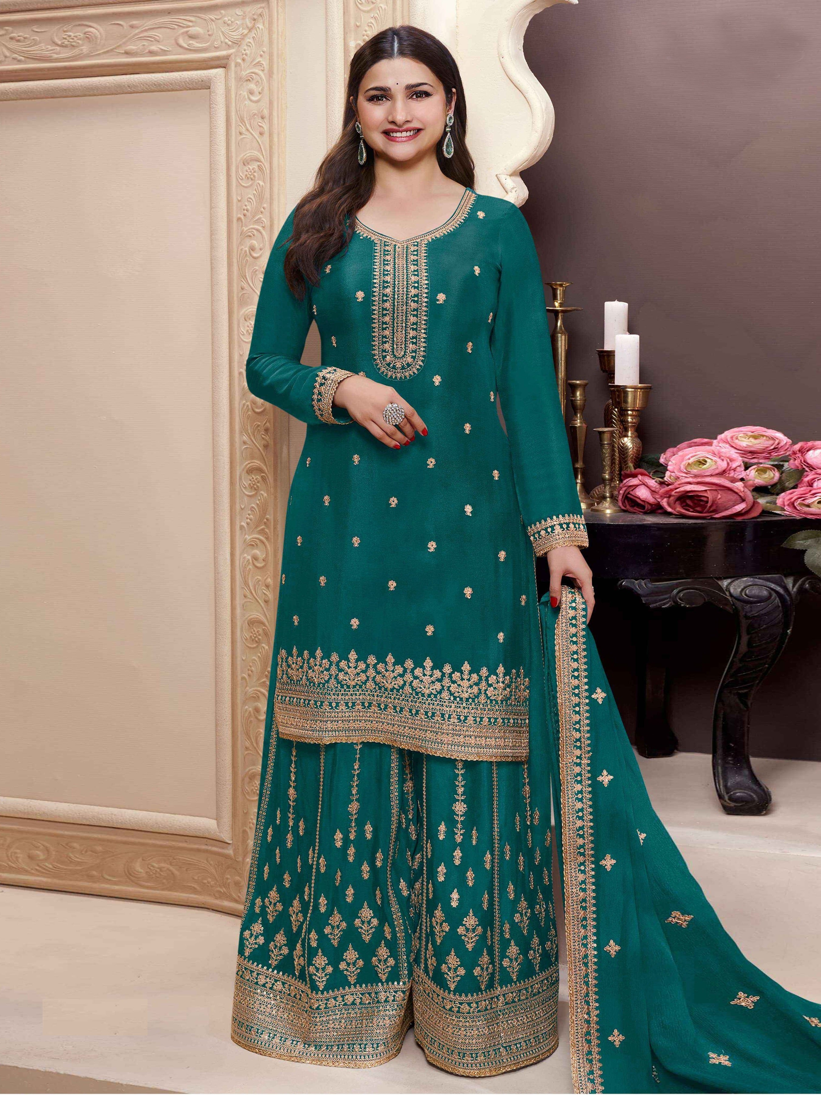 Aqua Green Palazo Suit With Heavy Embroidery Work
