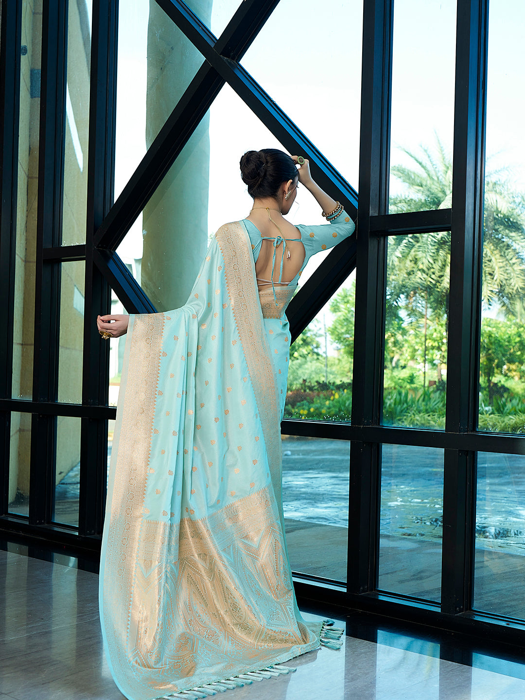 Aqua Nylon Banarasi Woven Jacquard Designer Ethnic Indian Traditional Look Saree