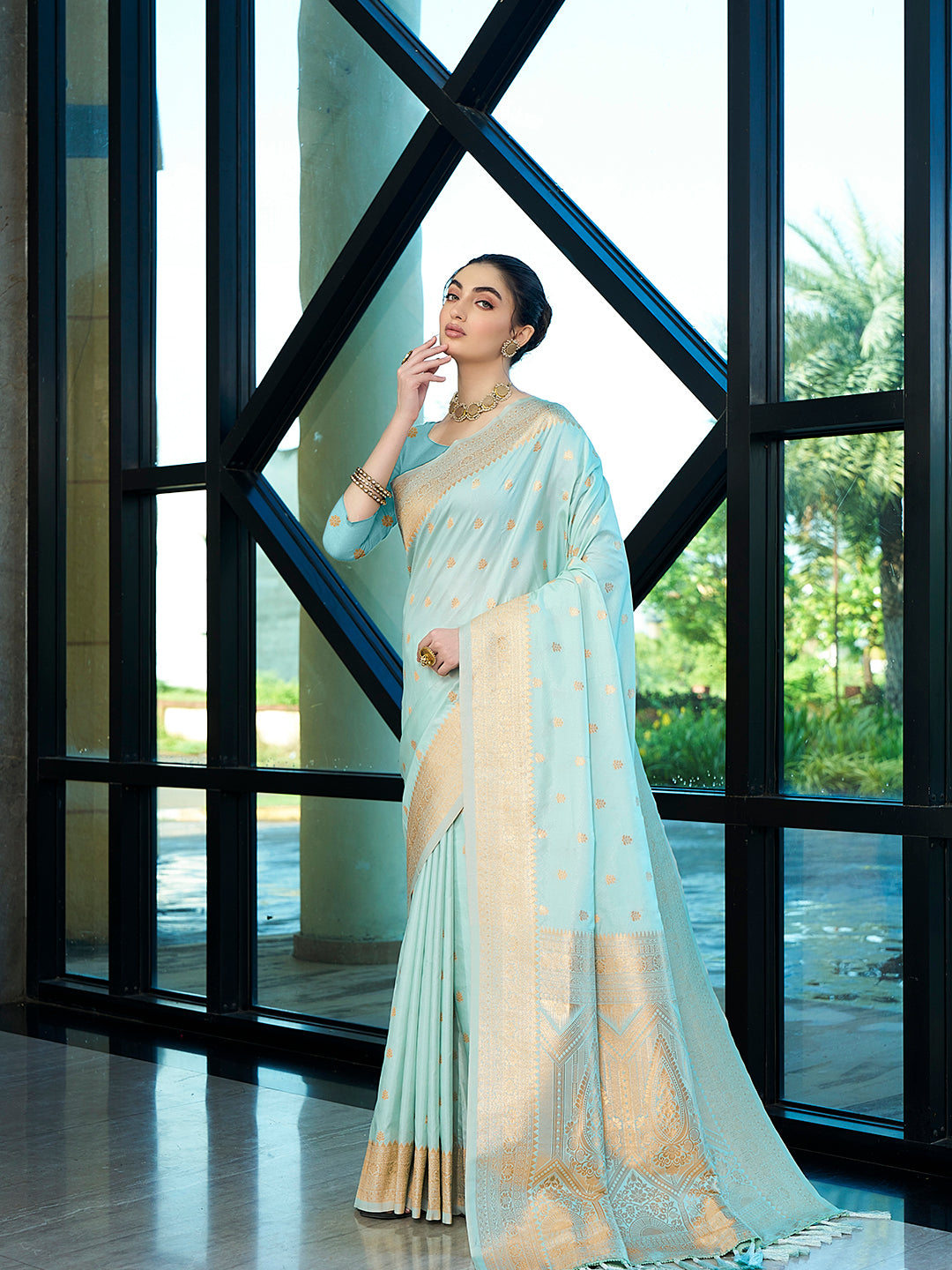 Aqua Nylon Banarasi Woven Jacquard Designer Ethnic Indian Traditional Look Saree