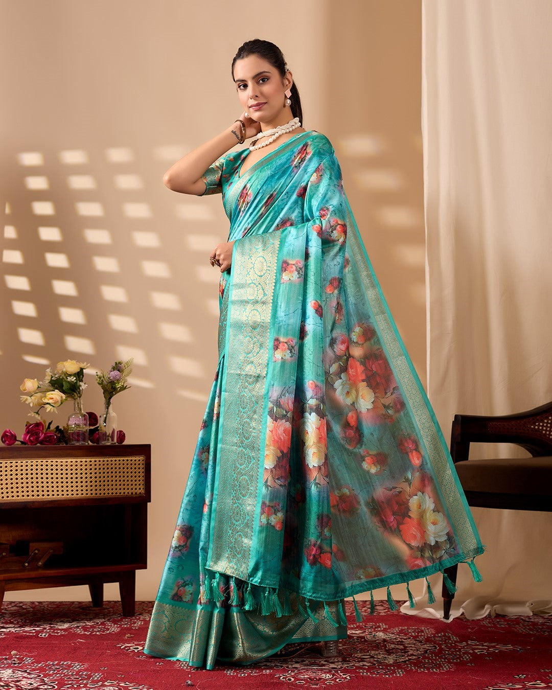 Aqua Soft Lichi Silk Saree With Digital Printed Premium Designer Saree