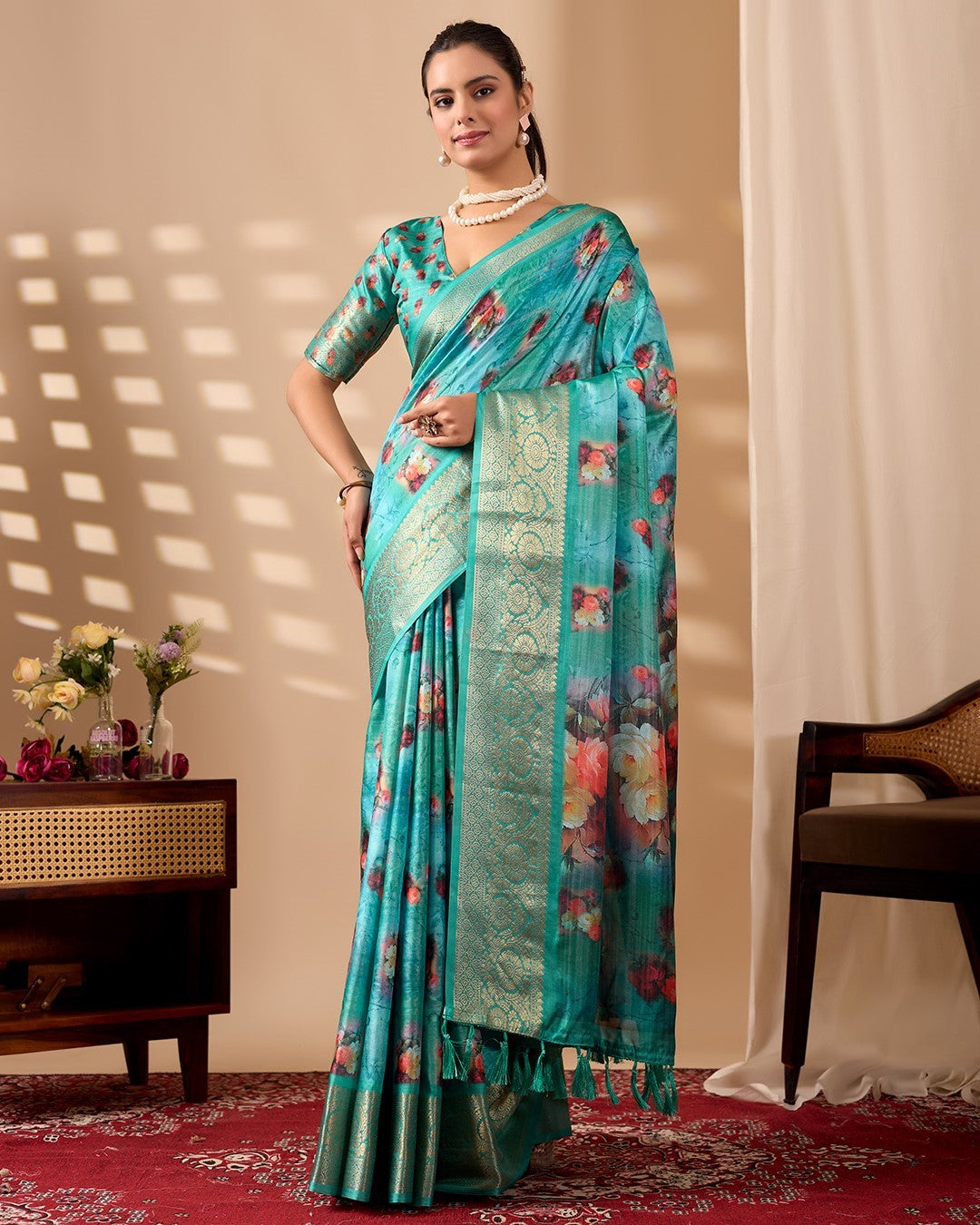 Aqua Soft Lichi Silk Saree With Digital Printed Premium Designer Saree