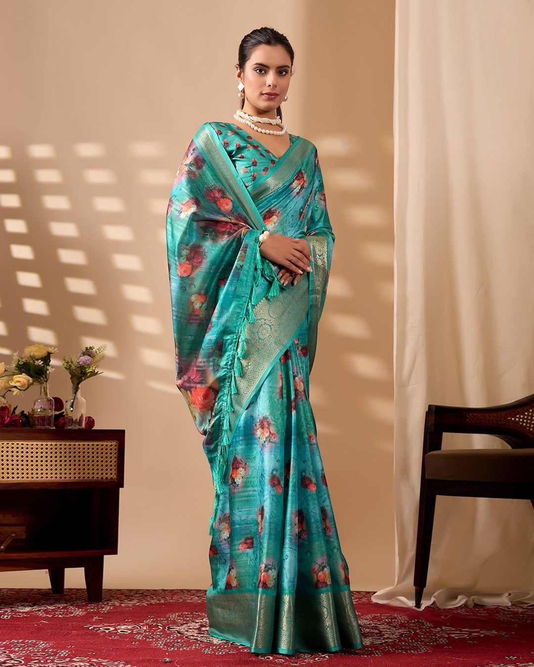 Aqua Soft Lichi Silk Saree With Digital Printed Premium Designer Saree