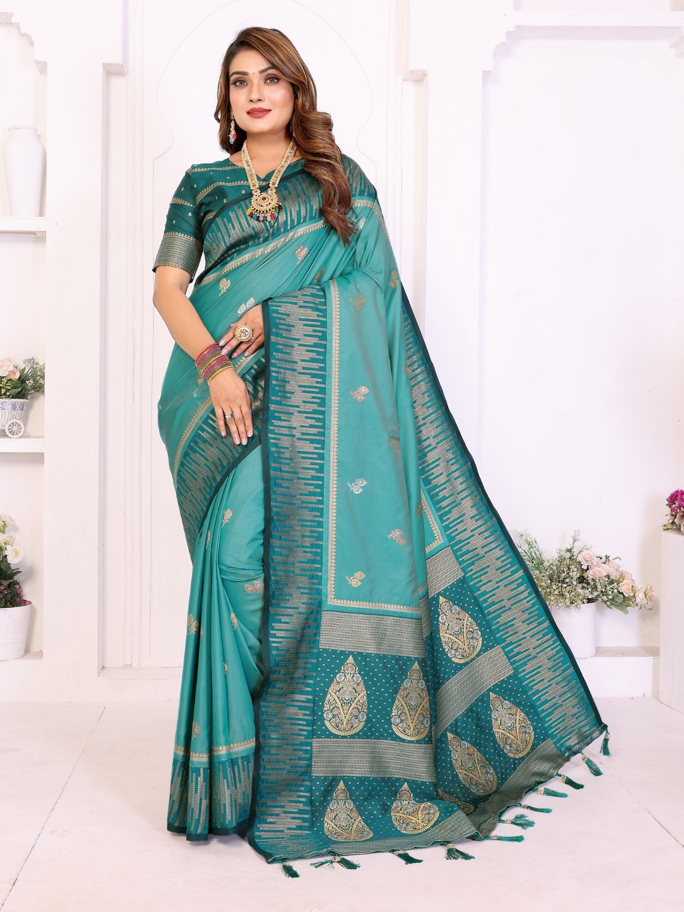 Aqua South Soft Silk Saree With Traditional Zari Weaving