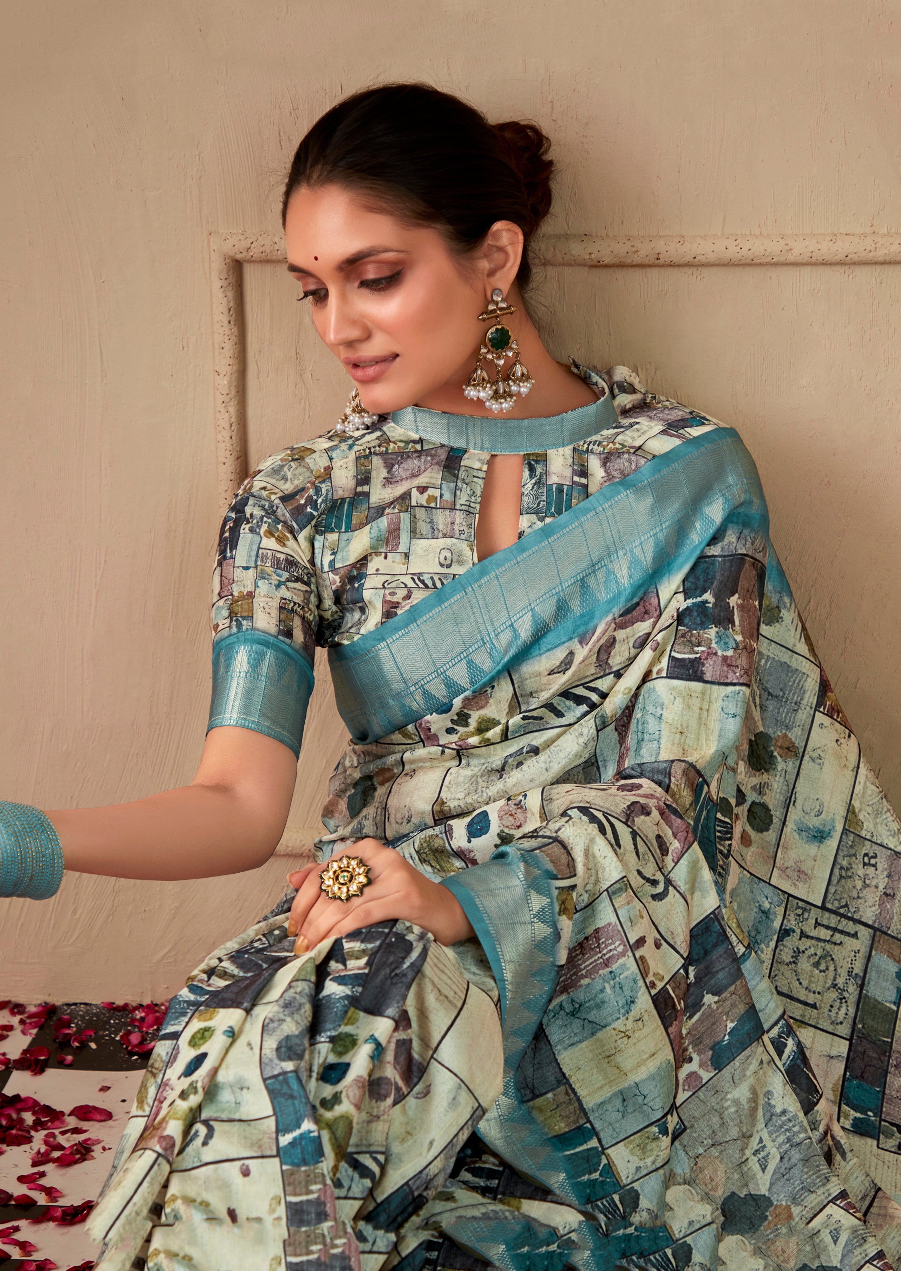 Aqua Tusser Silk Saree With  Jacquard Woven with Digital Print
