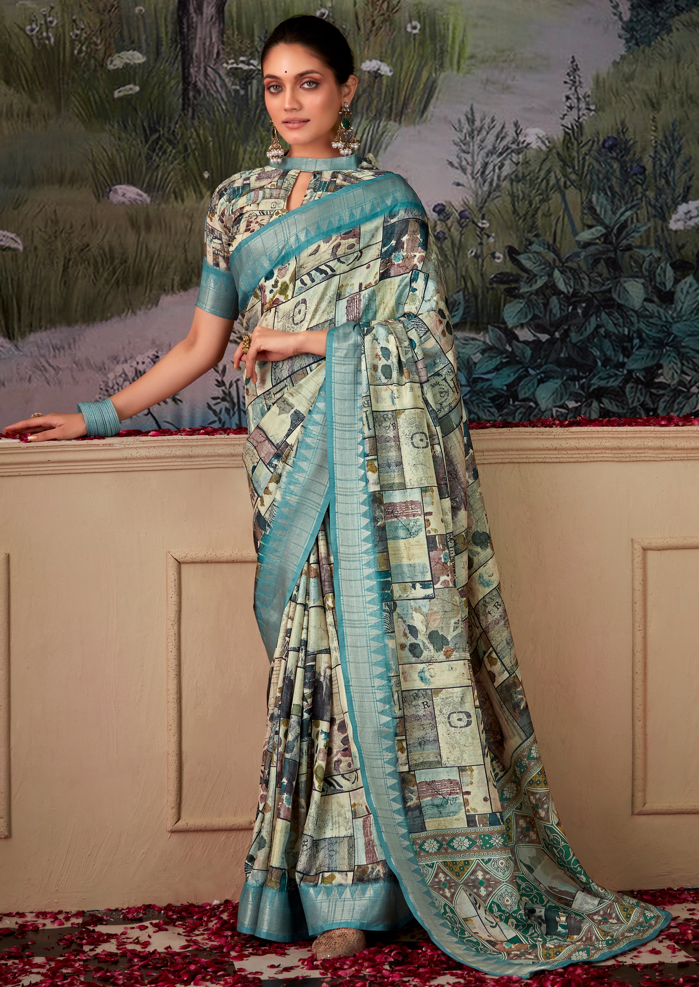 Aqua Tusser Silk Saree With  Jacquard Woven with Digital Print