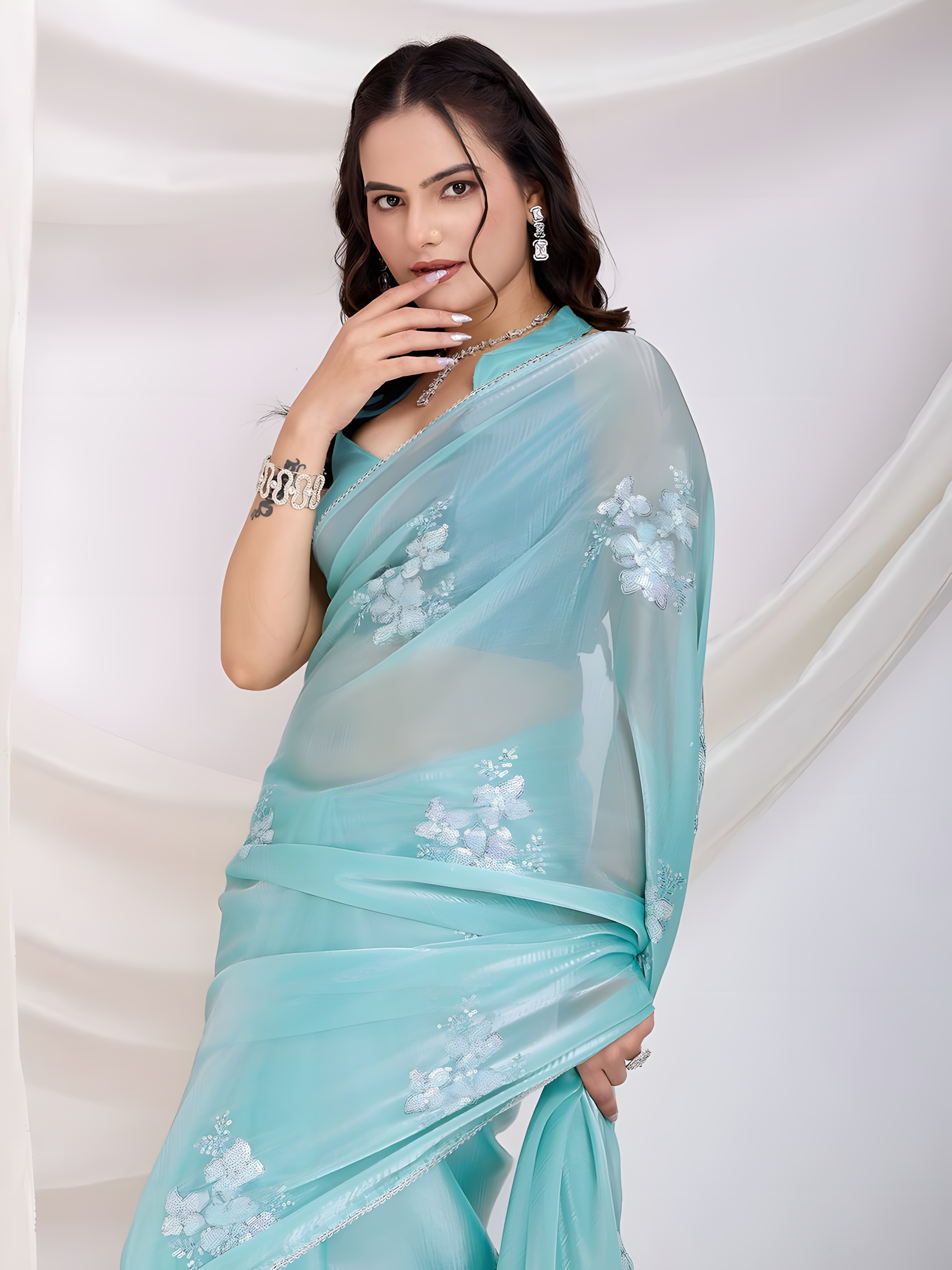 Aqua  Zimmy chu  Saree with C Pallu multi Embroidery with sequins Work