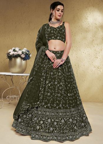 Astonishing Green Embroidered Georgette Mehendi Wear Lehenga Choli