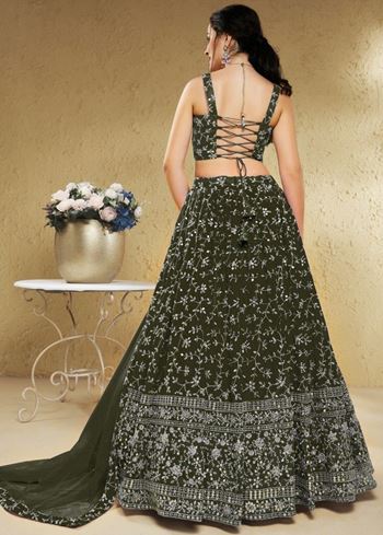 Astonishing Green Embroidered Georgette Mehendi Wear Lehenga Choli