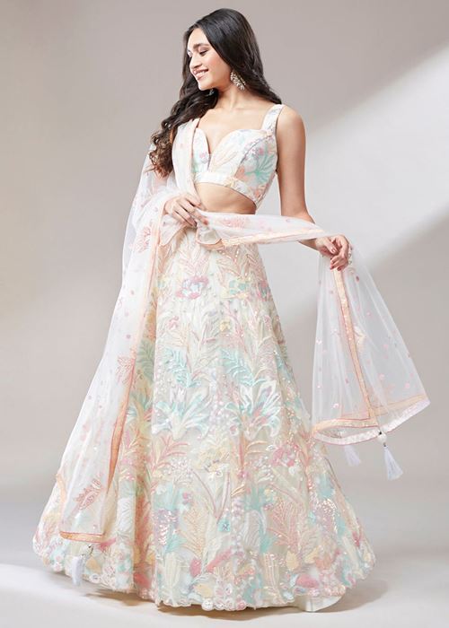 Astounding Off-White Sequins Soft Net Wedding Wear Lehenga Choli