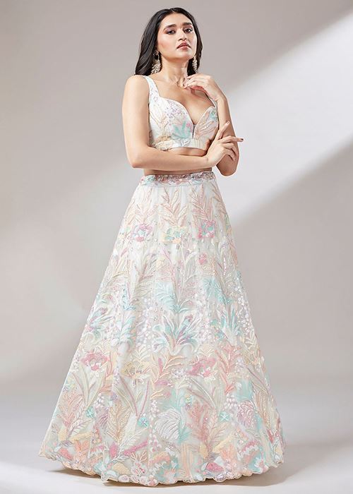 Astounding Off-White Sequins Soft Net Wedding Wear Lehenga Choli