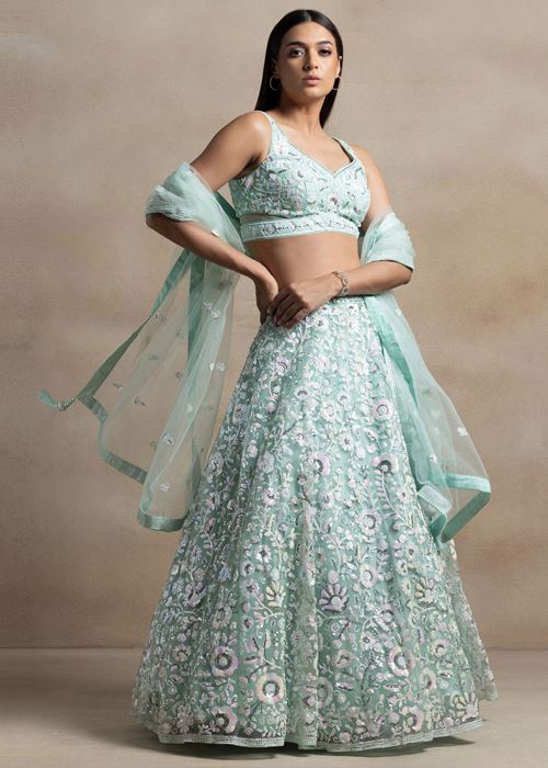 Attractive Blue Sequins Net Designer Lehenga Choli With Dupatta