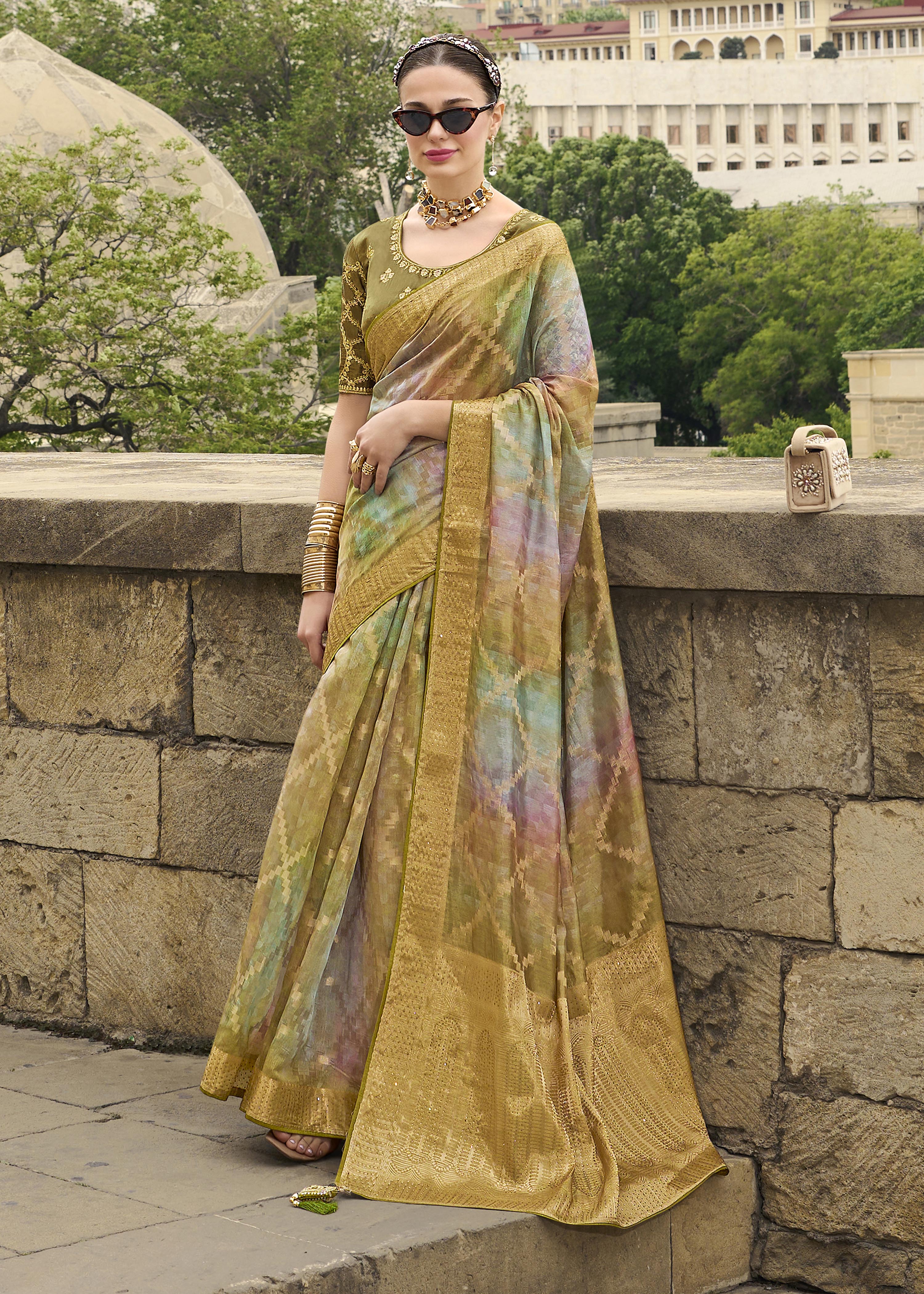 Avocado Green Jacquard Silk Woven Saree With Embroidered Blouse