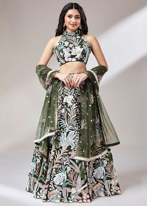 Awesome Olive Green Sequins Art Soft Net Mehendi Wear Lehenga Choli