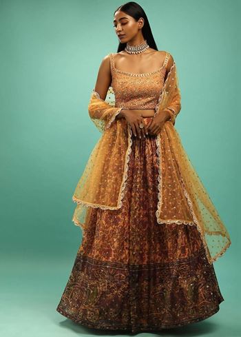Awesome Yellow Chinon Digital Print Designer Reception Wear Lehenga