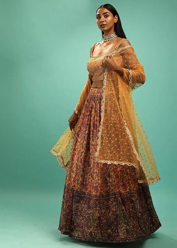 Awesome Yellow Chinon Digital Print Designer Reception Wear Lehenga