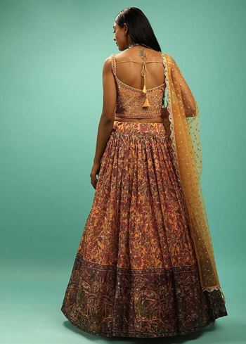 Awesome Yellow Chinon Digital Print Designer Reception Wear Lehenga