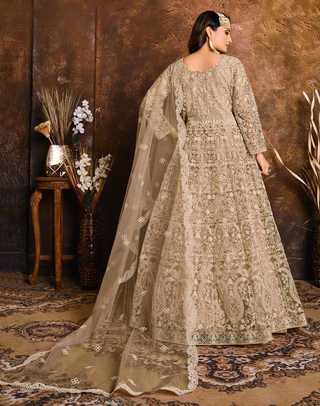 Beige Net Heavy Thread Embroidery Work  Anarkali Suits