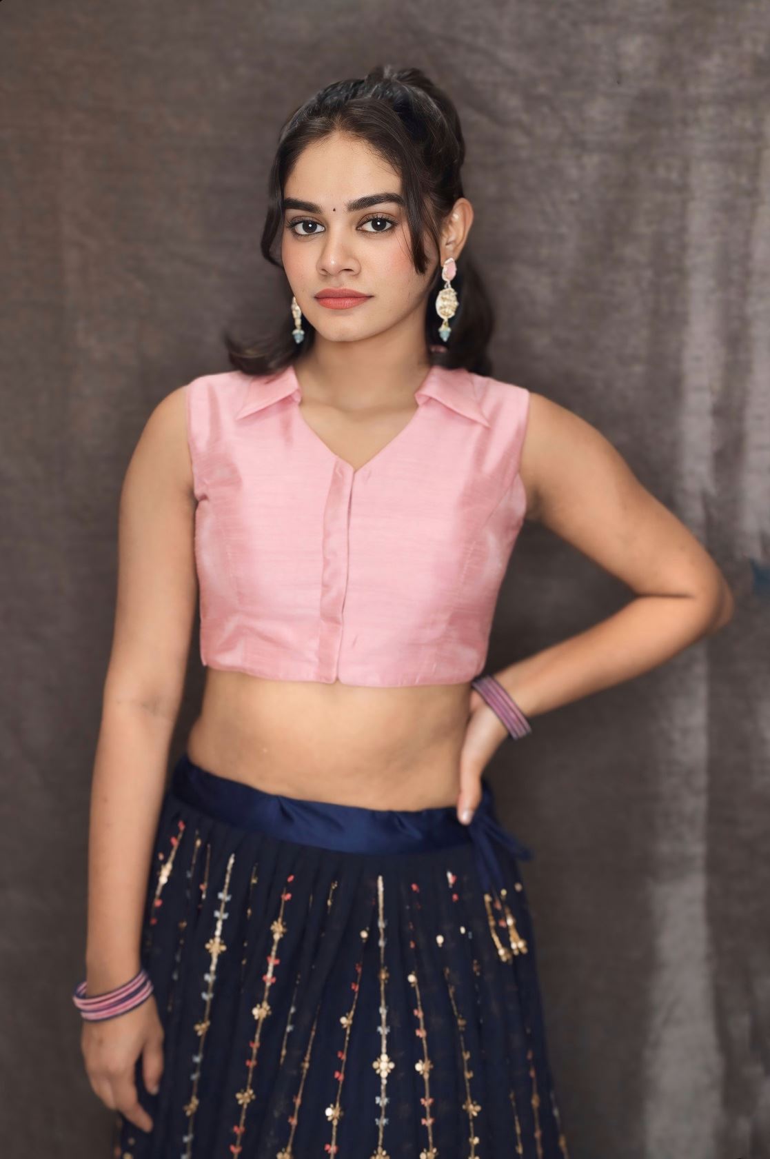 Baby Pink Art Silk  Sleeveless Collared Blouse